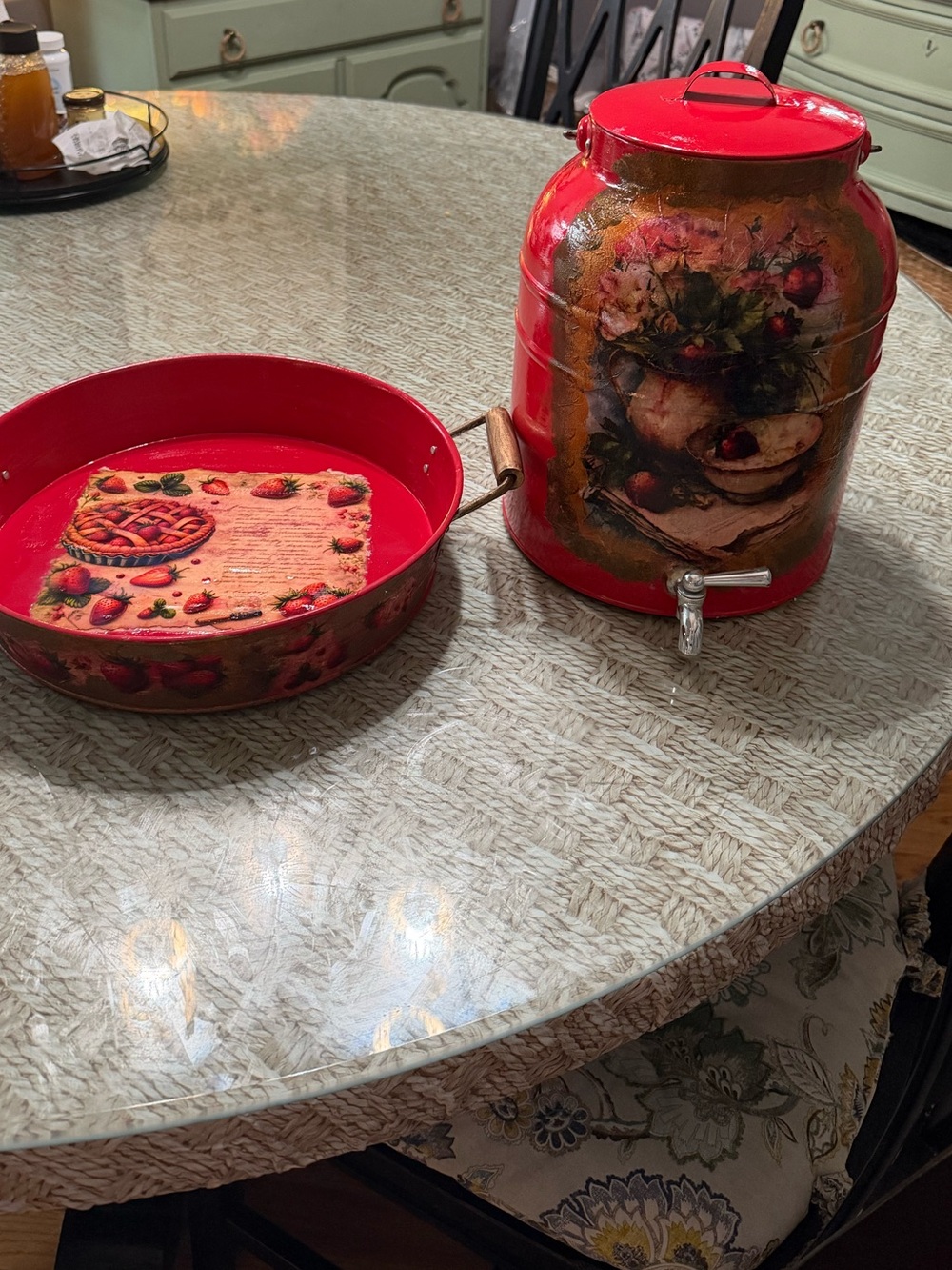 Better Homes And Gardens Red Floral Beverage Dispenser with Matching Red Tray